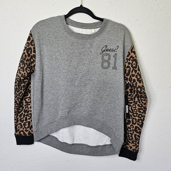 Guess‎ 81 Womens Gray Sweatshirt Brown Leopard Accent Sleeve S Small New - Picture 1 of 14